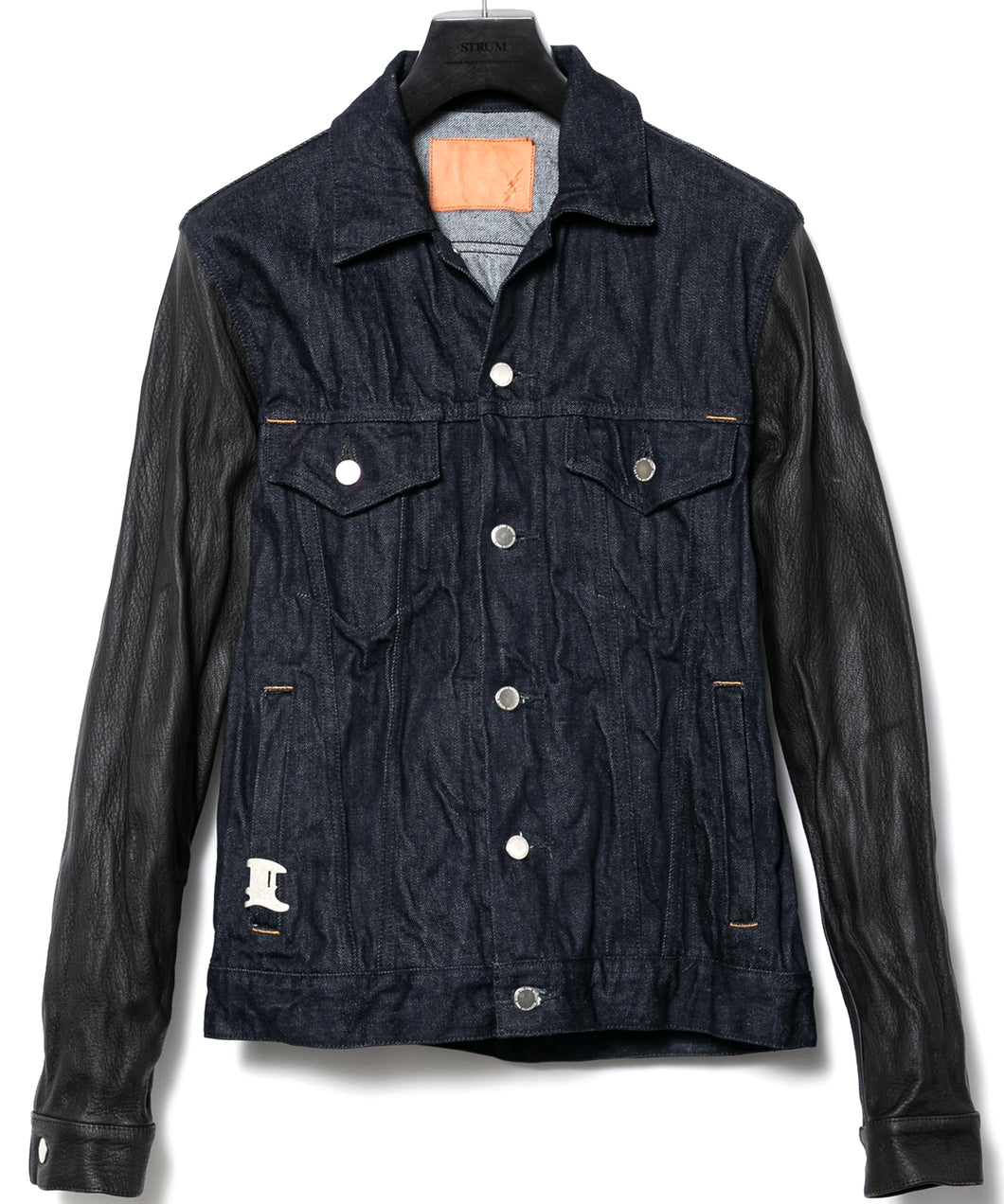 14oz ディープブルー ヘビーセルヴィッチ デニム BLITZ 袖革 Gジャン - INDIGO