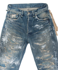 14oz ディープブルー ヘビーセルヴィッチ デニム 1977 レギュラーストレート クラッシュ & リペア + ユーズド加工 - PAINTER INDIGO