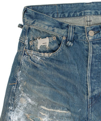 14oz ディープブルー ヘビーセルヴィッチ デニム 1977 レギュラーストレート クラッシュ & リペア + ユーズド加工 - PAINTER INDIGO