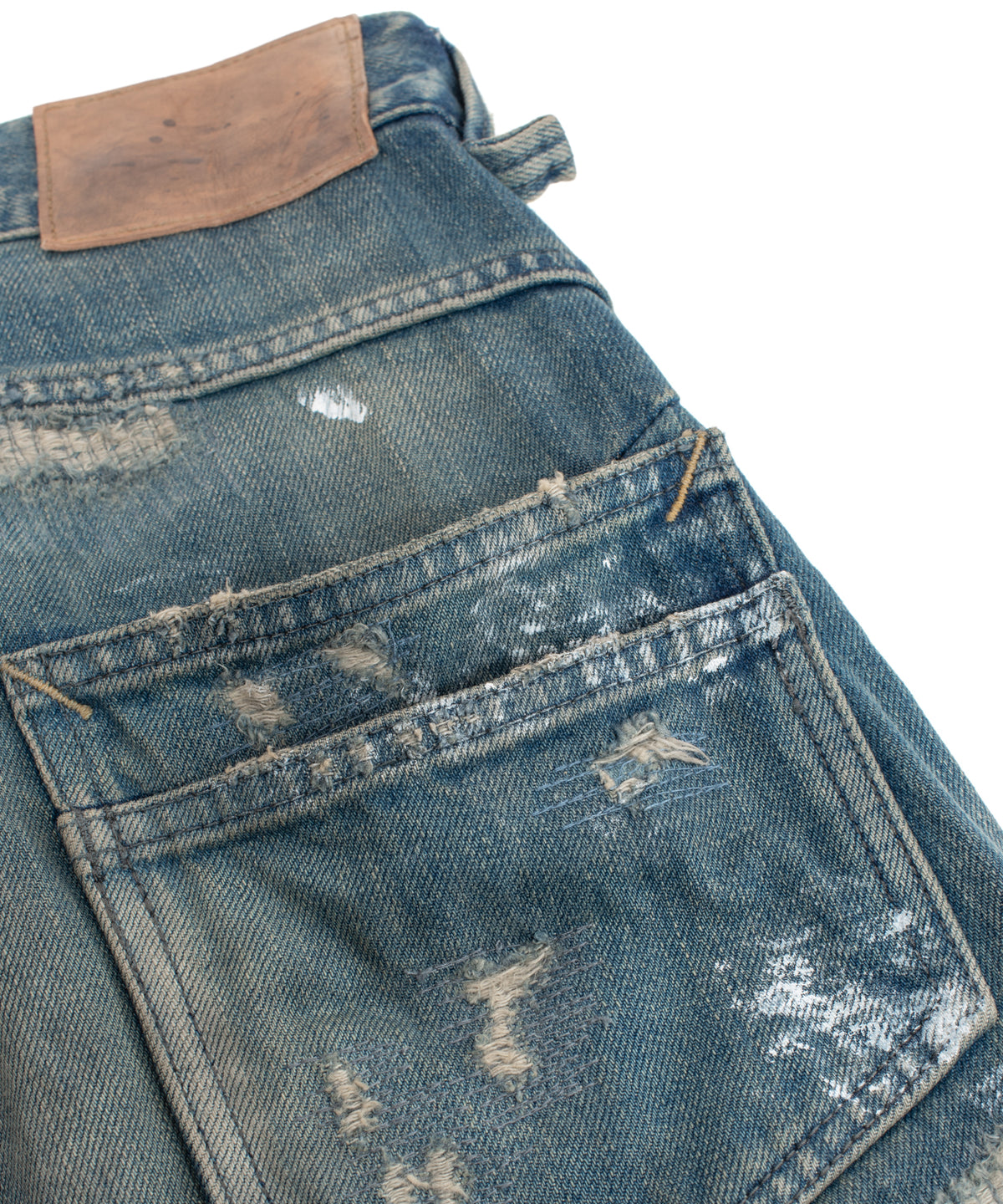 14oz ディープブルー ヘビーセルヴィッチ デニム 1977 レギュラーストレート クラッシュ & リペア + ユーズド加工 - PAINTER INDIGO