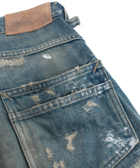 14oz ディープブルー ヘビーセルヴィッチ デニム 1977 レギュラーストレート クラッシュ & リペア + ユーズド加工 - PAINTER INDIGO