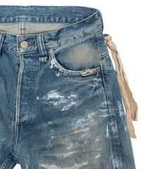 14oz ディープブルー ヘビーセルヴィッチ デニム 1977 レギュラーストレート クラッシュ & リペア + ユーズド加工 - PAINTER INDIGO
