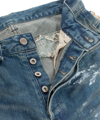 14oz ディープブルー ヘビーセルヴィッチ デニム 1977 レギュラーストレート クラッシュ & リペア + ユーズド加工 - PAINTER INDIGO