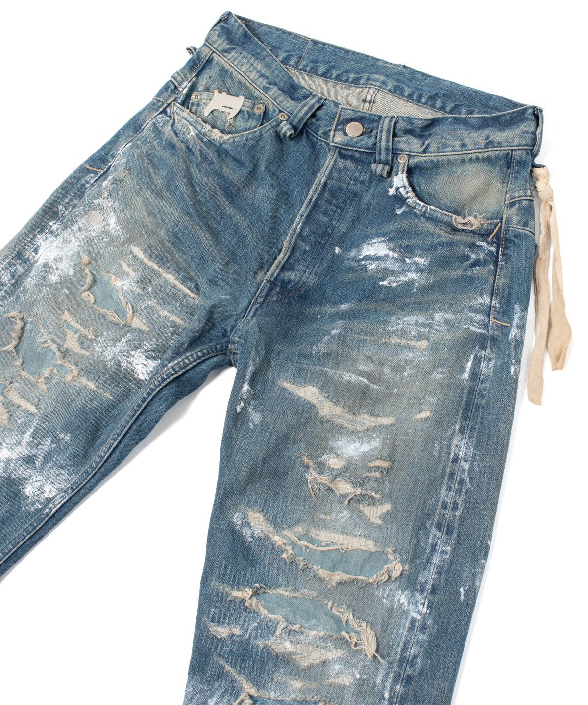 14oz ディープブルー ヘビーセルヴィッチ デニム 1977 レギュラーストレート クラッシュ & リペア + ユーズド加工 - PAINTER INDIGO