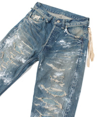 14oz ディープブルー ヘビーセルヴィッチ デニム 1977 レギュラーストレート クラッシュ & リペア + ユーズド加工 - PAINTER INDIGO