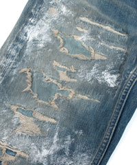 14oz ディープブルー ヘビーセルヴィッチ デニム 1977 レギュラーストレート クラッシュ & リペア + ユーズド加工 - PAINTER INDIGO
