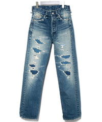14oz ディープブルー ヘビーセルヴィッチ デニム 1977 レギュラーストレート クラッシュ & リペア + ユーズド加工 - INDIGO