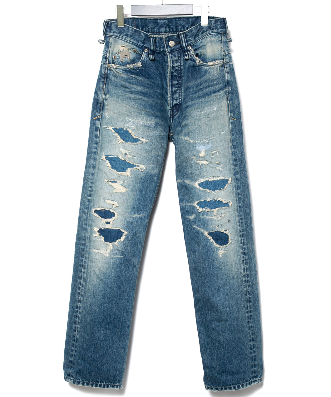 14oz ディープブルー ヘビーセルヴィッチ デニム 1977 レギュラーストレート クラッシュ & リペア + ユーズド加工 - INDIGO