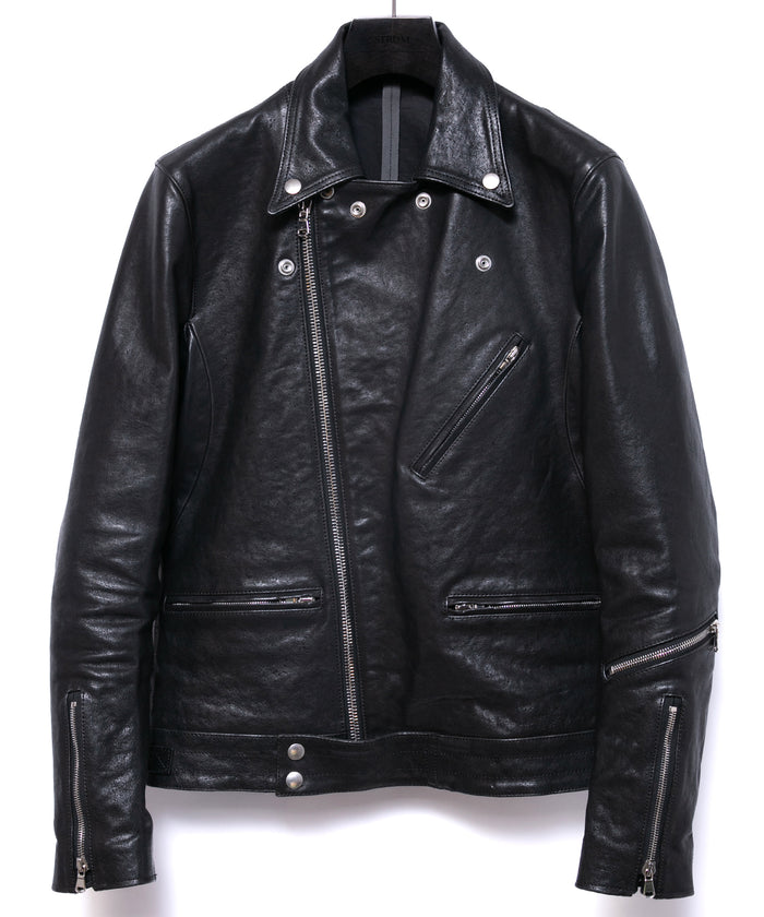 フルタンニン ピット鞣し シュリンク ホースハイド SPEEDER ダブルライダースジャケット - BLACK