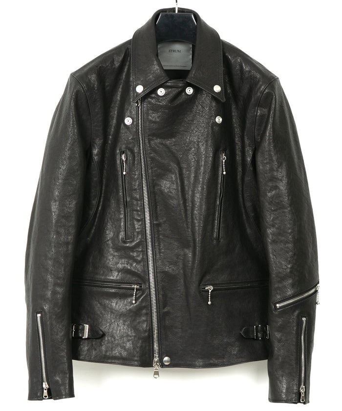 フルタンニン ピット鞣し シュリンク ホースハイド LIST ダブルライダースジャケット - BLACK