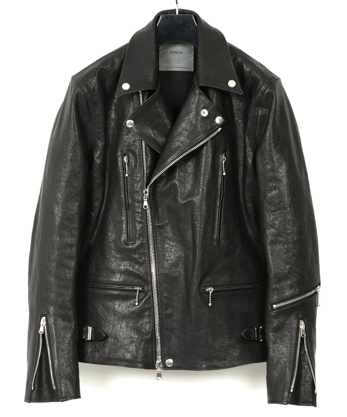 フルタンニン ピット鞣し シュリンク ホースハイド LIST ダブルライダースジャケット - BLACK