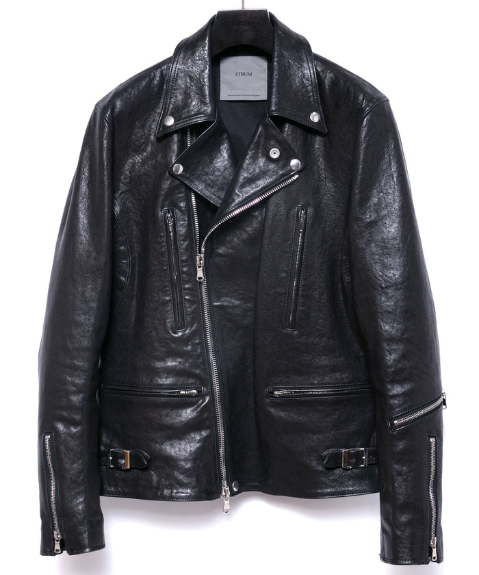 フルタンニン ピット鞣し シュリンク ホースハイド LIST ダブルライダースジャケット - BLACK