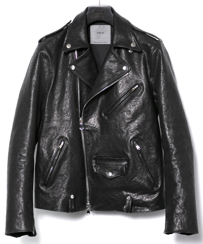 フルタンニン ピット鞣し シュリンク ホースハイド JOEY ダブルライダースジャケット - BLACK