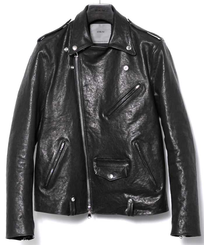 フルタンニン ピット鞣し シュリンク ホースハイド JOEY ダブルライダースジャケット - BLACK