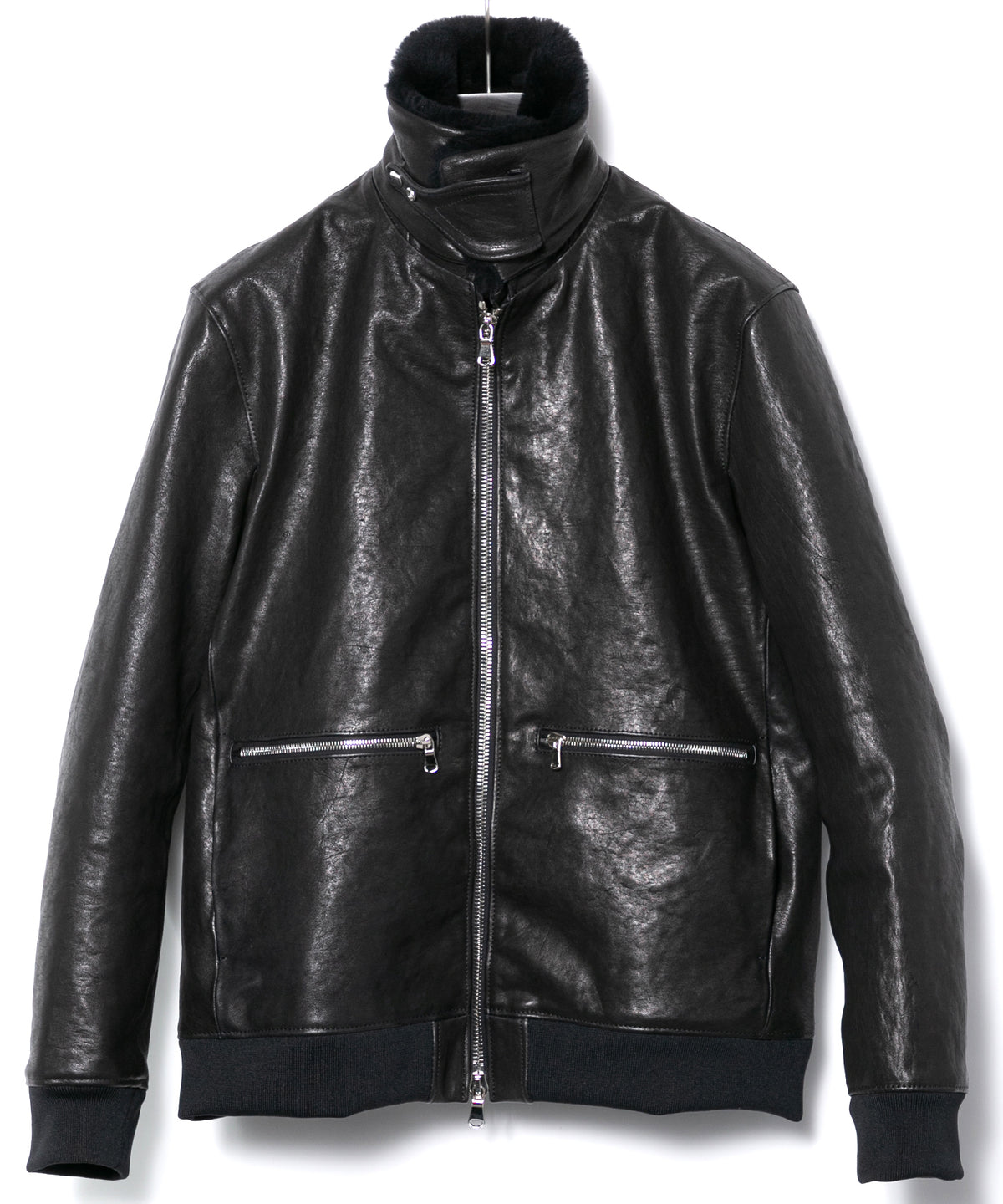 フルタンニン ピット鞣し シュリンク ホースハイド & スペイン メリノ VIPER リブブルゾン - BLACK