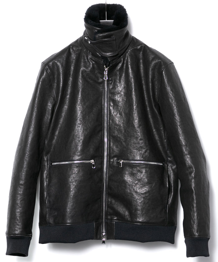 フルタンニン ピット鞣し シュリンク ホースハイド & スペイン メリノ VIPER リブブルゾン - BLACK