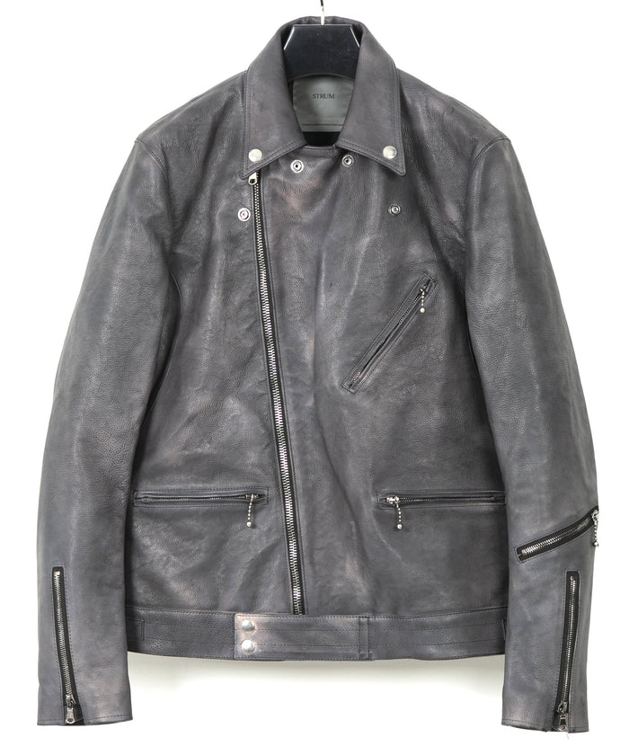 フルタンニン鞣し ジャパンカーフスキン Burning dyed - 燃焼製品染め SPEEDER ダブルライダースジャケット - STEEL BLACK