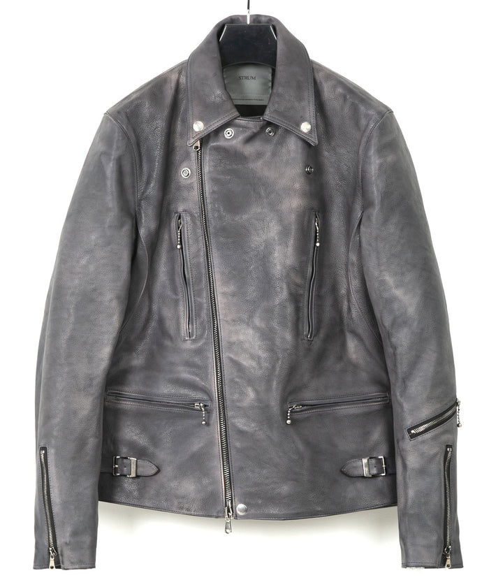 フルタンニン鞣し ジャパンカーフスキン Burning dyed - 燃焼製品染め LIST ダブルライダースジャケット - STEEL BLACK