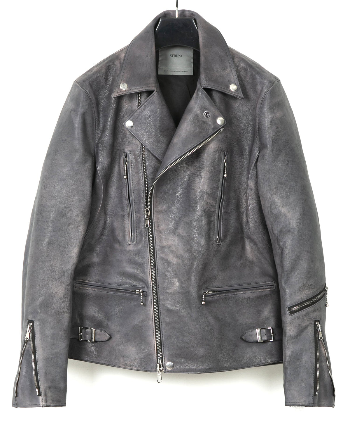 フルタンニン鞣し ジャパンカーフスキン Burning dyed - 燃焼製品染め LIST ダブルライダースジャケット - STEEL BLACK