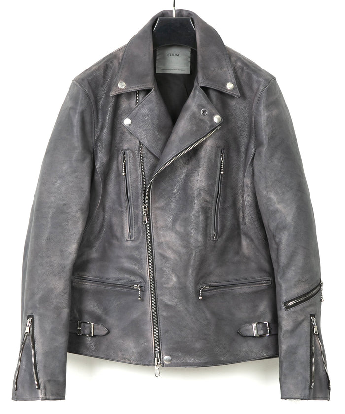 フルタンニン鞣し ジャパンカーフスキン Burning dyed - 燃焼製品染め LIST ダブルライダースジャケット - STEEL BLACK