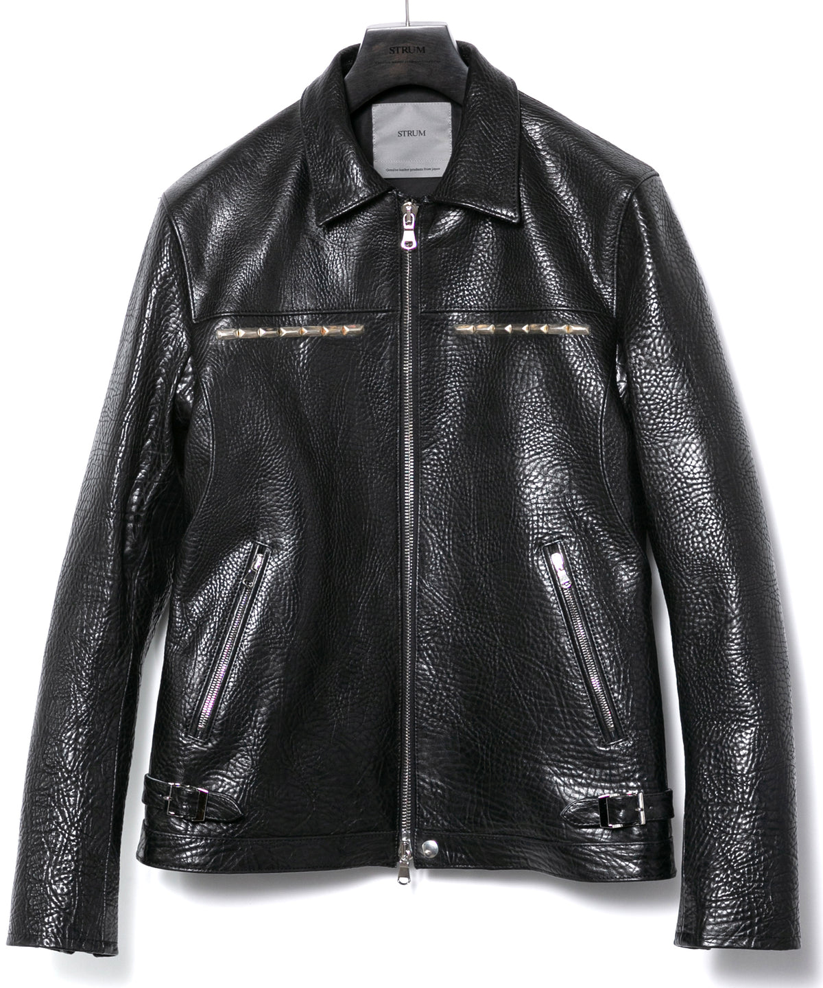 フルタンニン ピット鞣し シュリンク ステアハイド M.FEVER スタッズ シングルライダースジャケット - BLACK