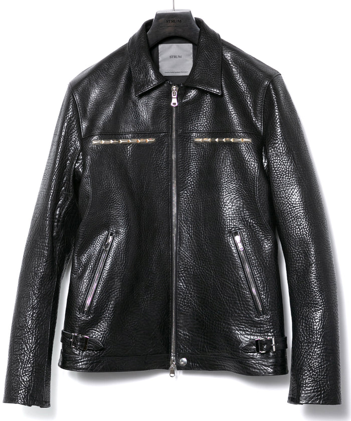 フルタンニン ピット鞣し シュリンク ステアハイド M.FEVER スタッズ シングルライダースジャケット - BLACK