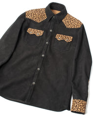 シープ スエード× 豹柄フロッキープリント ピッグスキン ウエスタン シャツ  - BLACK × LEOPARD