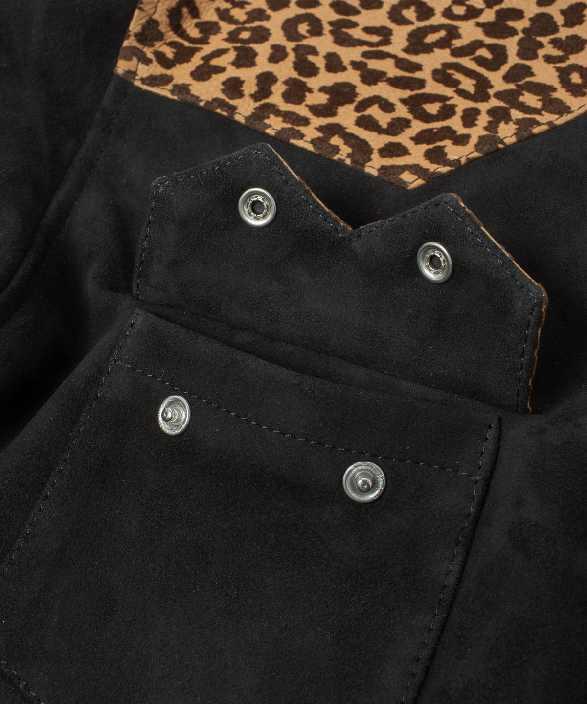 シープ スエード× 豹柄フロッキープリント ピッグスキン ウエスタン シャツ  - BLACK × LEOPARD