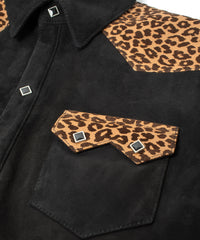 シープ スエード× 豹柄フロッキープリント ピッグスキン ウエスタン シャツ  - BLACK × LEOPARD