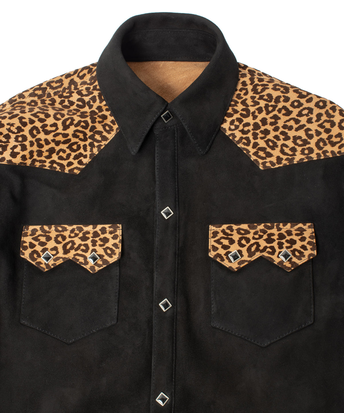シープ スエード× 豹柄フロッキープリント ピッグスキン ウエスタン シャツ  - BLACK × LEOPARD