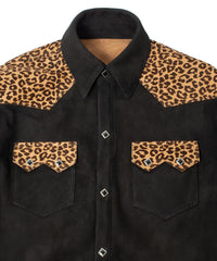 シープ スエード× 豹柄フロッキープリント ピッグスキン ウエスタン シャツ  - BLACK × LEOPARD