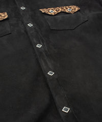 シープ スエード× 豹柄フロッキープリント ピッグスキン ウエスタン シャツ  - BLACK × LEOPARD