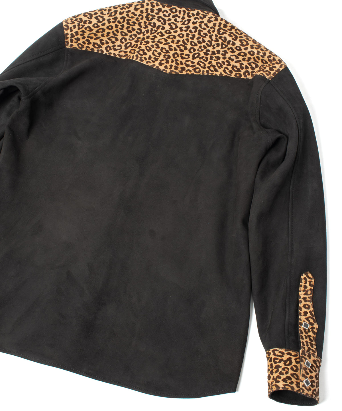 シープ スエード× 豹柄フロッキープリント ピッグスキン ウエスタン シャツ  - BLACK × LEOPARD