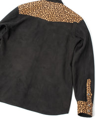 シープ スエード× 豹柄フロッキープリント ピッグスキン ウエスタン シャツ  - BLACK × LEOPARD