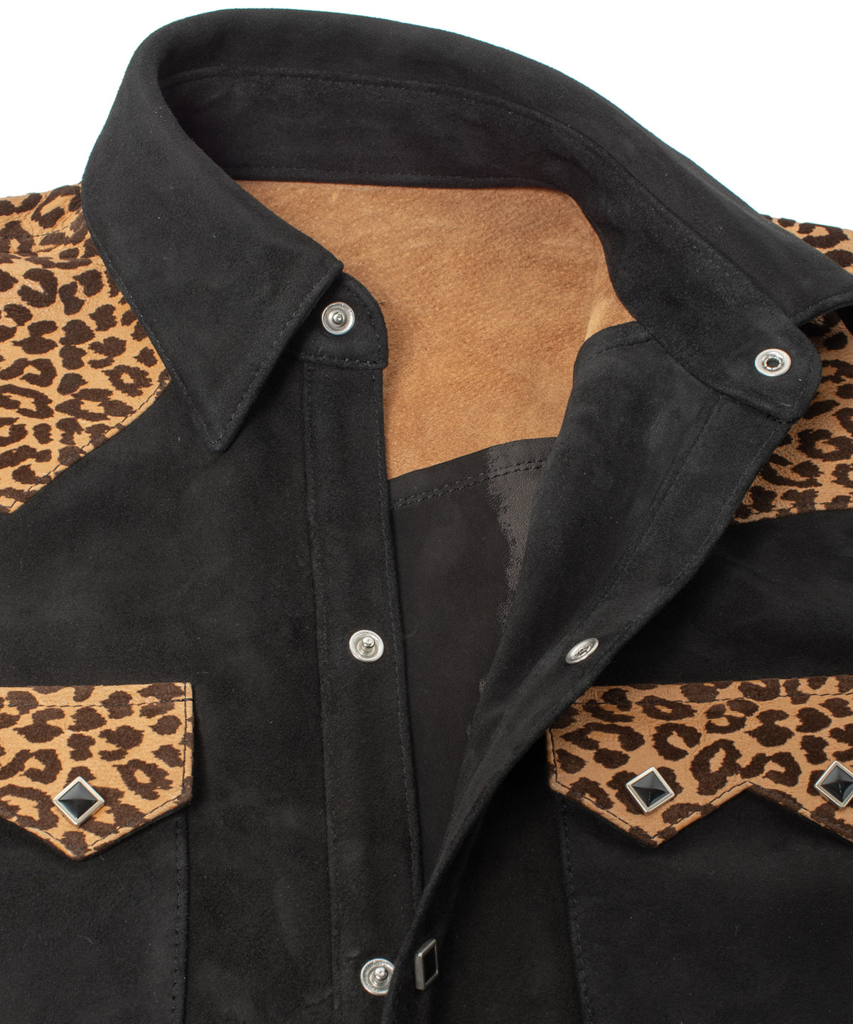 シープ スエード× 豹柄フロッキープリント ピッグスキン ウエスタン シャツ  - BLACK × LEOPARD