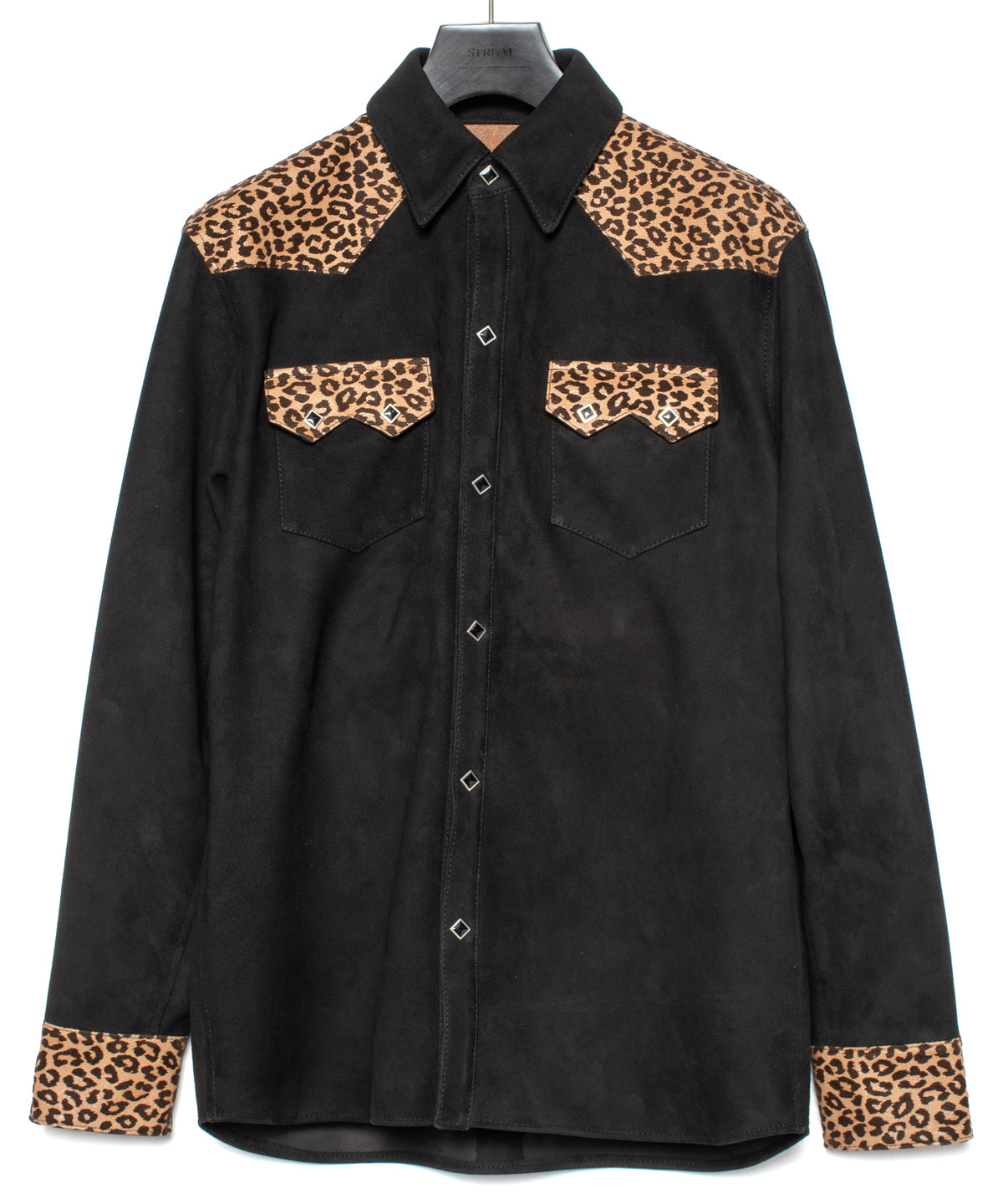 シープ スエード× 豹柄フロッキープリント ピッグスキン ウエスタン シャツ  - BLACK × LEOPARD