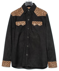 シープ スエード× 豹柄フロッキープリント ピッグスキン ウエスタン シャツ  - BLACK × LEOPARD