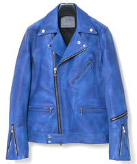 フルタンニン鞣し ジャパンカーフスキン Burning dyed - 燃焼製品染め SPEEDER ダブルライダースジャケット - ROYAL BLUE