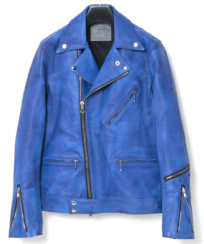 フルタンニン鞣し ジャパンカーフスキン Burning dyed - 燃焼製品染め SPEEDER ダブルライダースジャケット - ROYAL BLUE