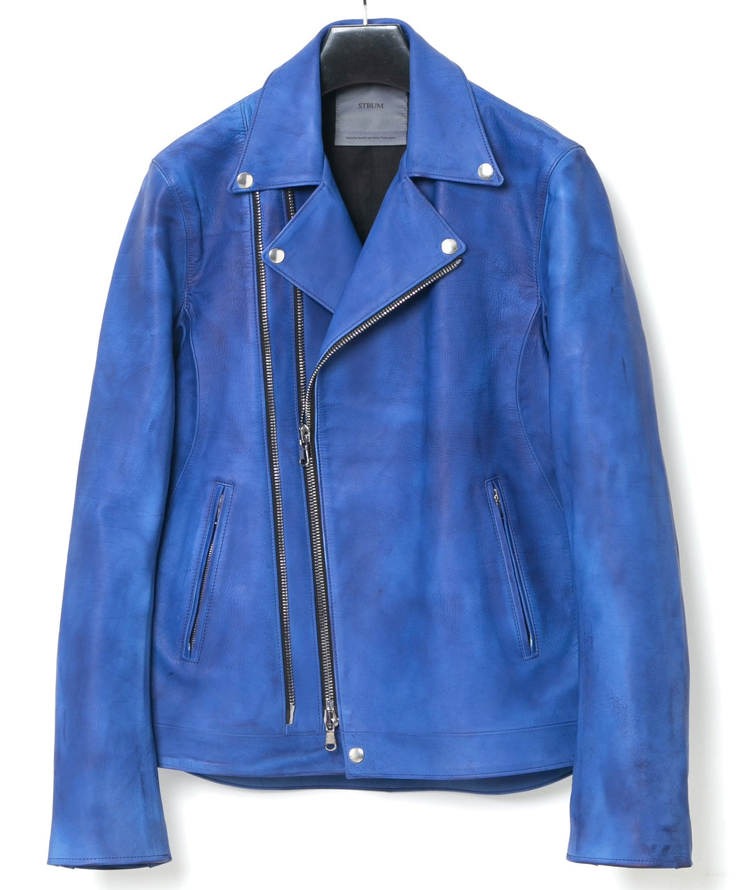 Vegetable Full tanning Calfskin Garment Burning Dyed RAVEN Double Riders Jacket - ROYAL BLUE