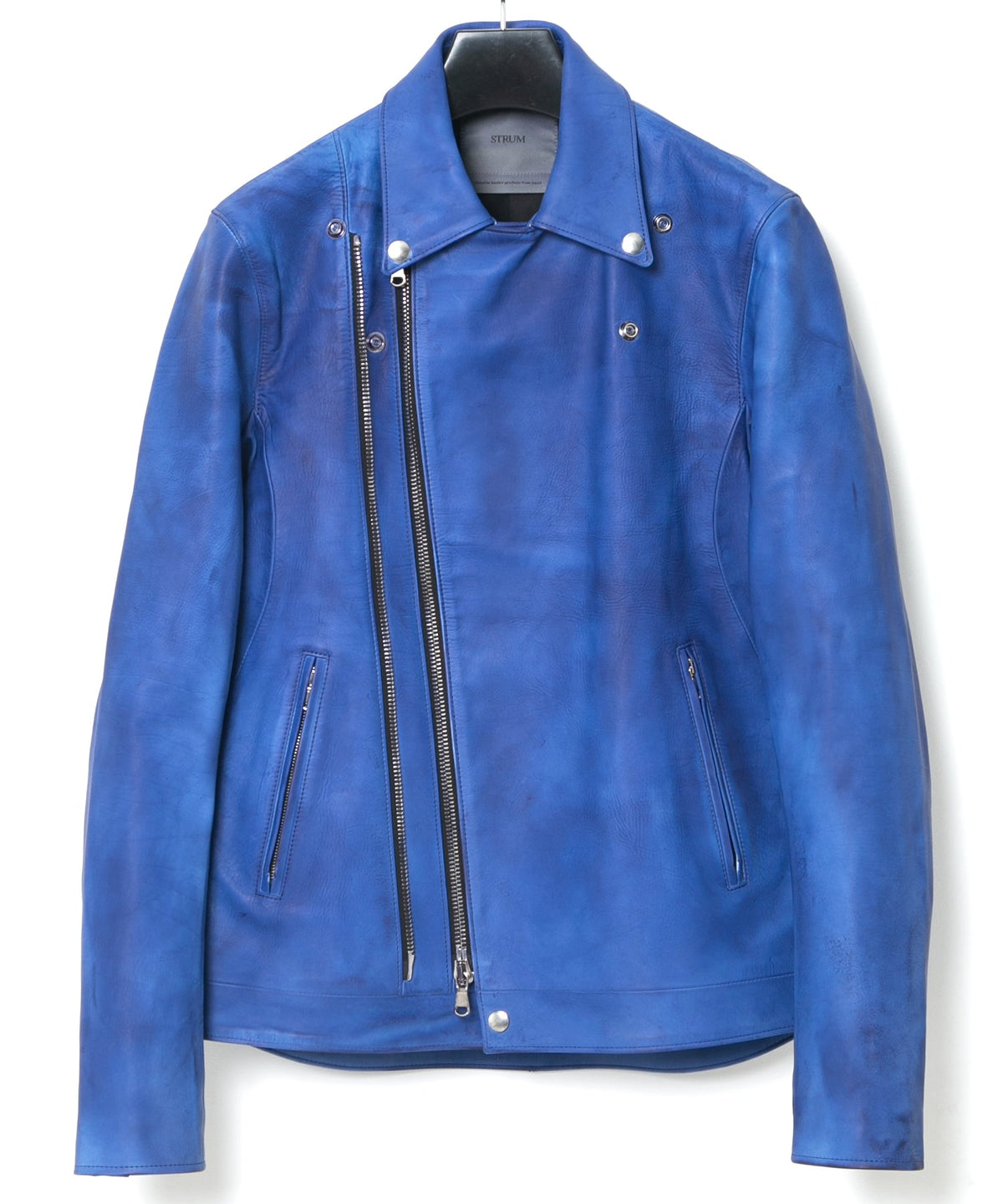 フルタンニン鞣し ジャパンカーフスキン Burning dyed - 燃焼製品染め RAVEN ダブルライダースジャケット - ROYAL BLUE