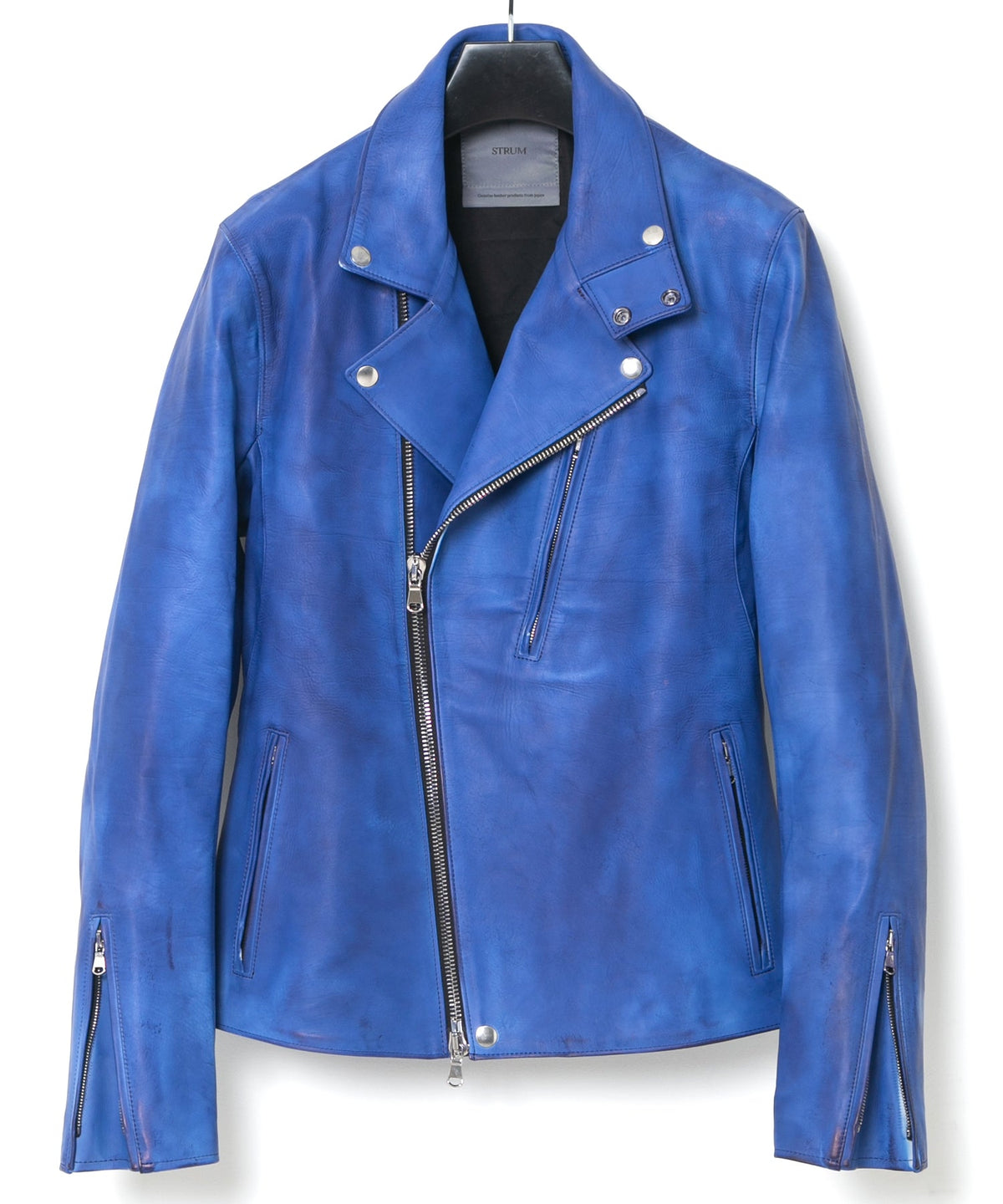 フルタンニン鞣し ジャパンカーフスキン Burning dyed - 燃焼製品染め BIRD MAN ダブルライダースジャケット - ROYAL BLUE