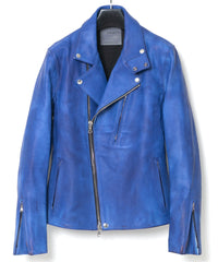 フルタンニン鞣し ジャパンカーフスキン Burning dyed - 燃焼製品染め BIRD MAN ダブルライダースジャケット - ROYAL BLUE