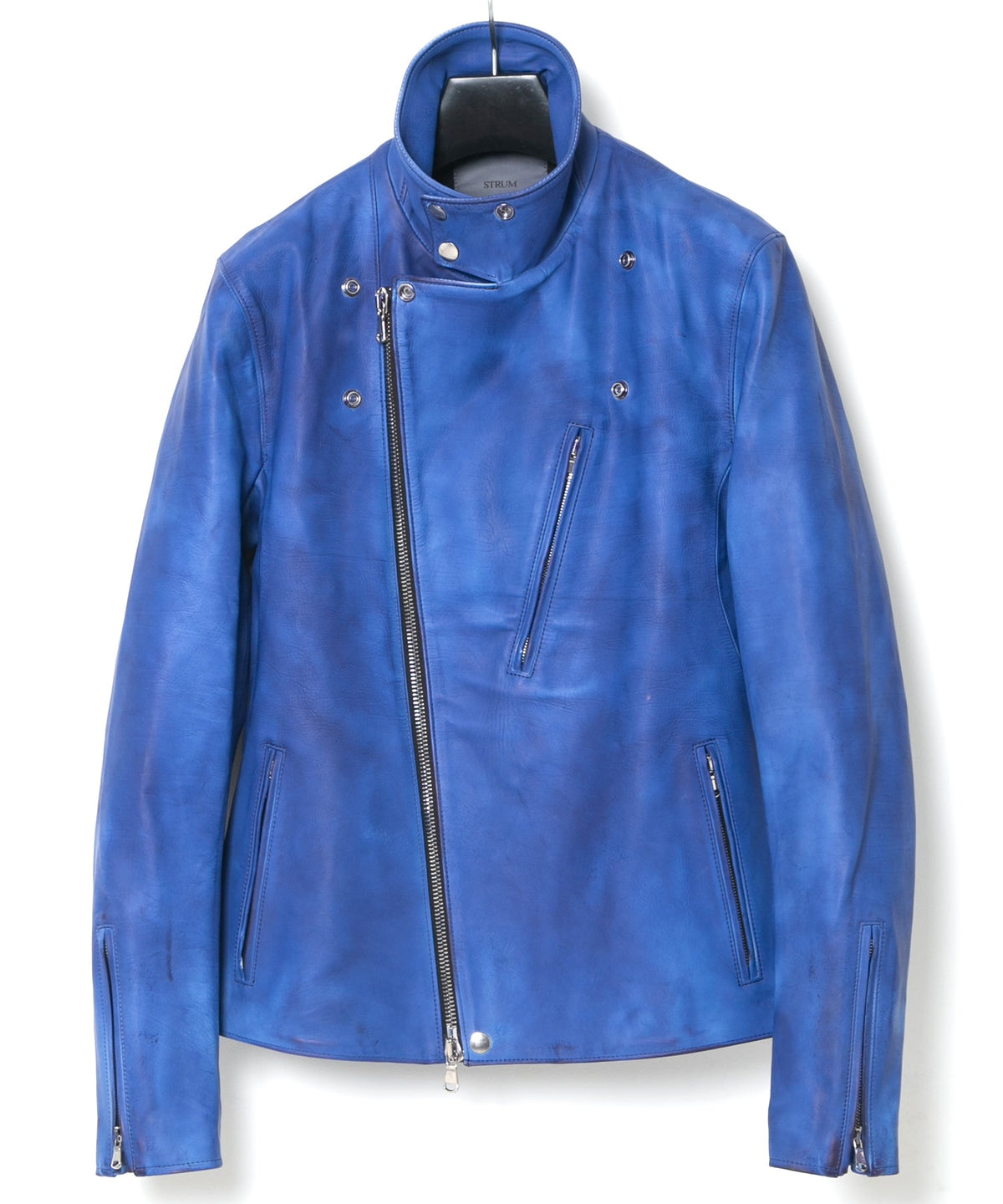 フルタンニン鞣し ジャパンカーフスキン Burning dyed - 燃焼製品染め BIRD MAN ダブルライダースジャケット - ROYAL BLUE