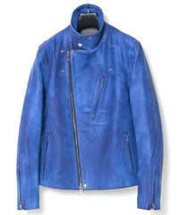 フルタンニン鞣し ジャパンカーフスキン Burning dyed - 燃焼製品染め BIRD MAN ダブルライダースジャケット - ROYAL BLUE