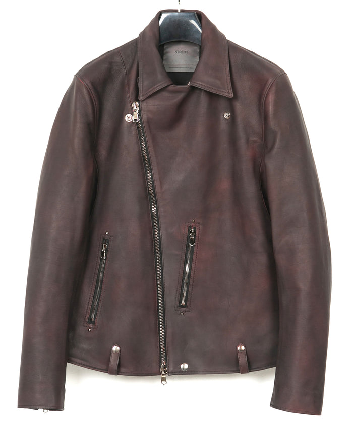 フルタンニン鞣し カーフスキン 燃焼製品染め HI-FLYER ダブルライダースジャケット - CRIMSON RED