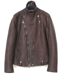 フルタンニン鞣し カーフスキン 燃焼製品染め HI-FLYER ダブルライダースジャケット - CRIMSON RED