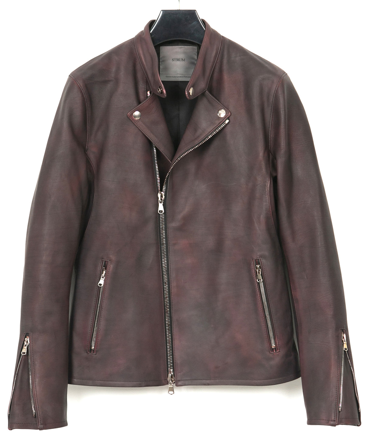 フルタンニン鞣し カーフスキン 燃焼製品染め ELEVEN セミダブルライダースジャケット - CRIMSON RED