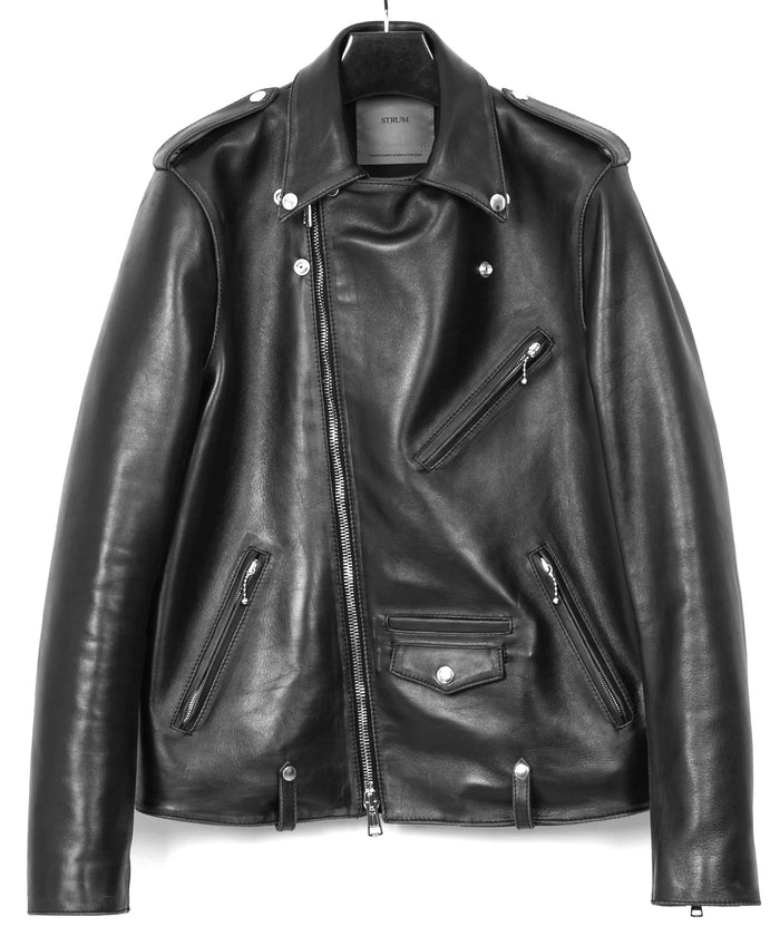 コンビ 鞣し 茶芯 ホースハイド JOEY ダブルライダースジャケット（加工なし） - BLACK