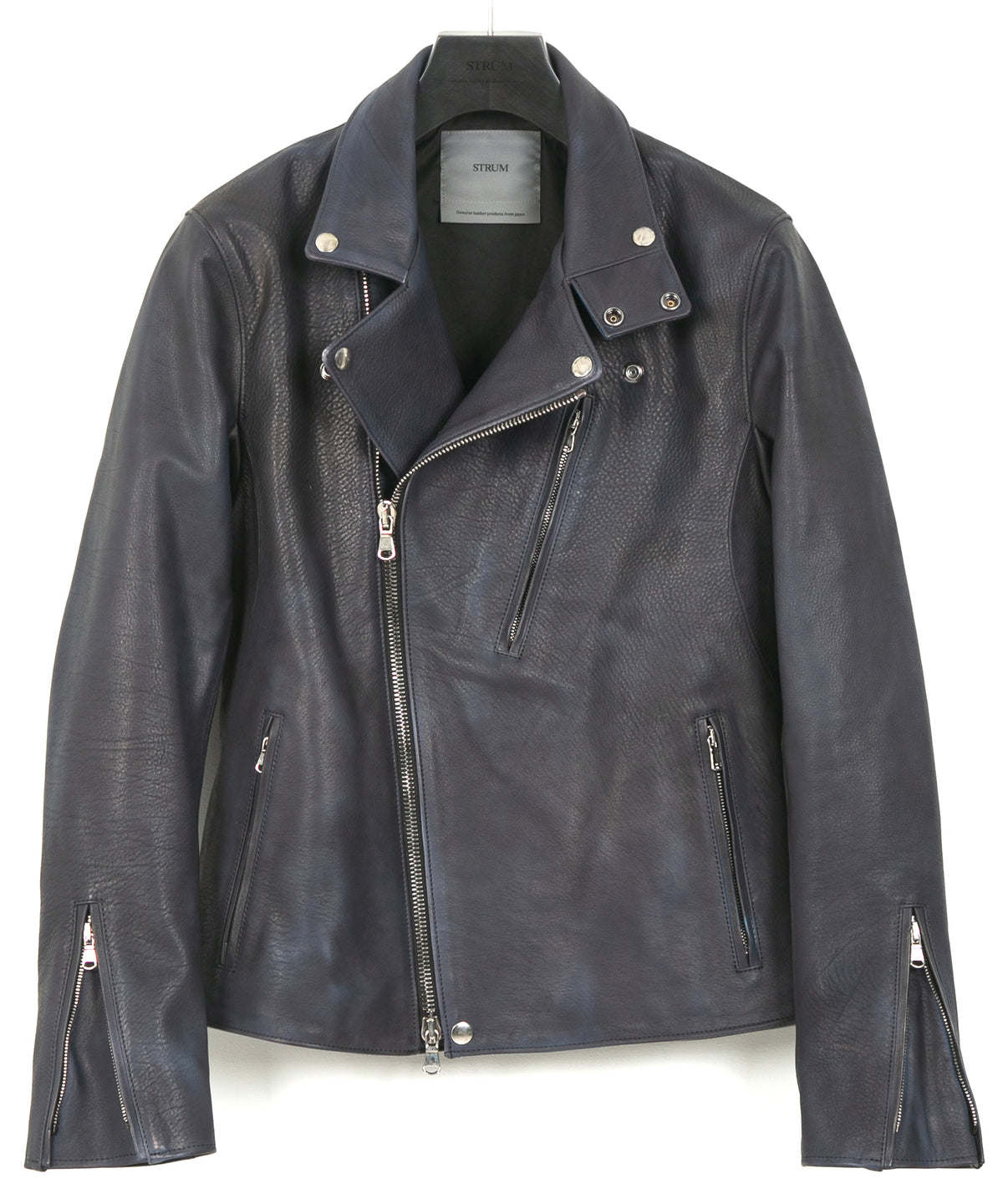 White Tanned × Vegetable Tanned Calf Skin Burning dyed - Product Burning Dyed BIRD MAN Double Riders Jacket - JEAN BLACK